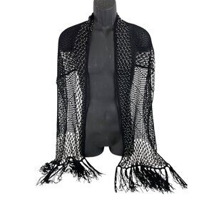 Black Mesh Shawl With Rhinestone Embellishments & Fringe Trim